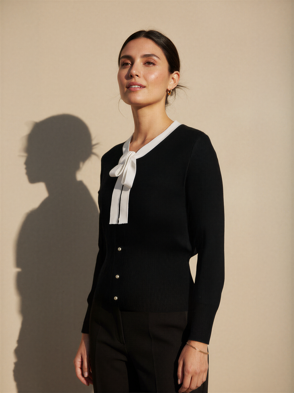 Bow Tie Knit Cardigan with Pearl Buttons