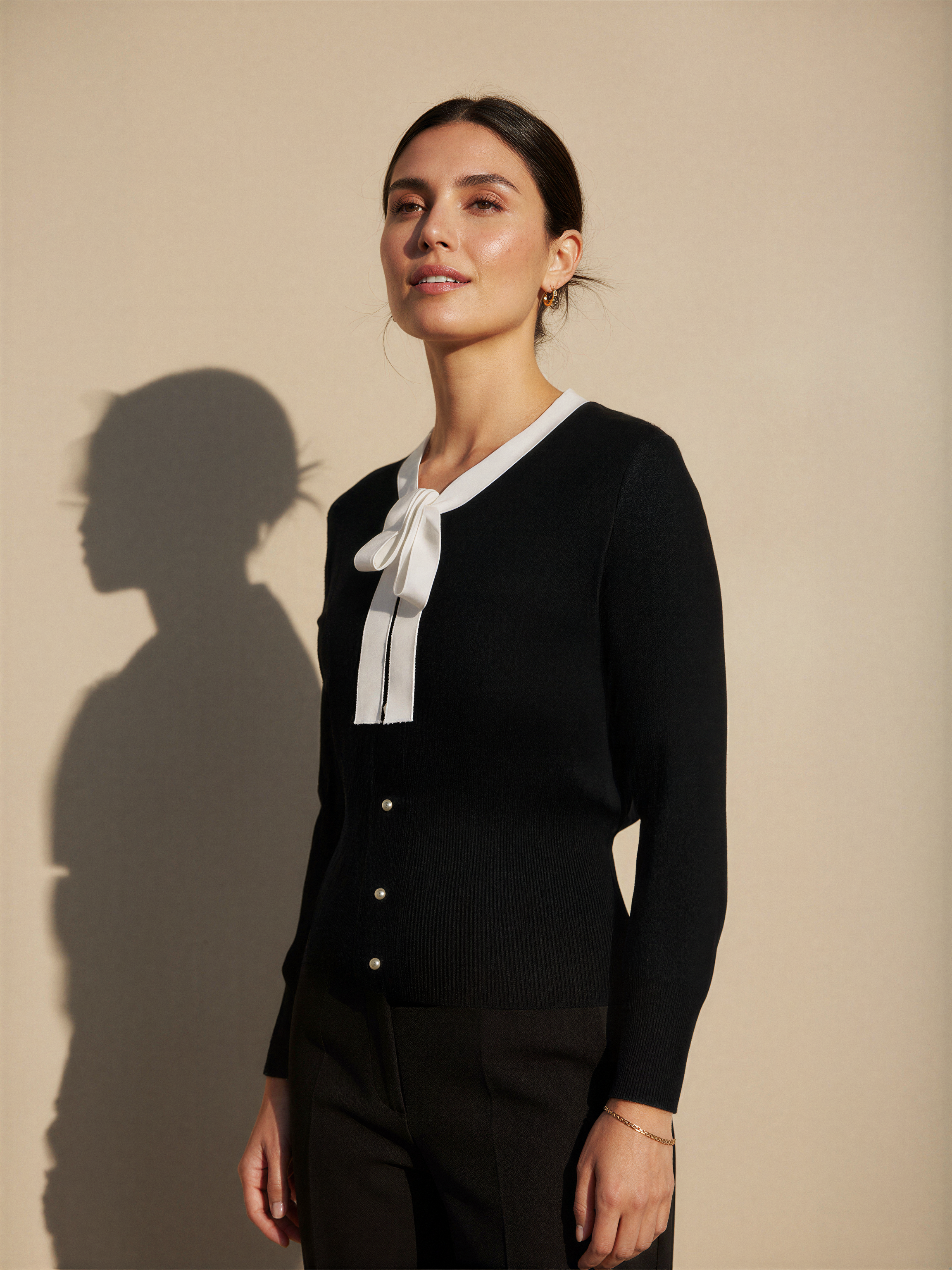 Bow Tie Knit Cardigan with Pearl Buttons