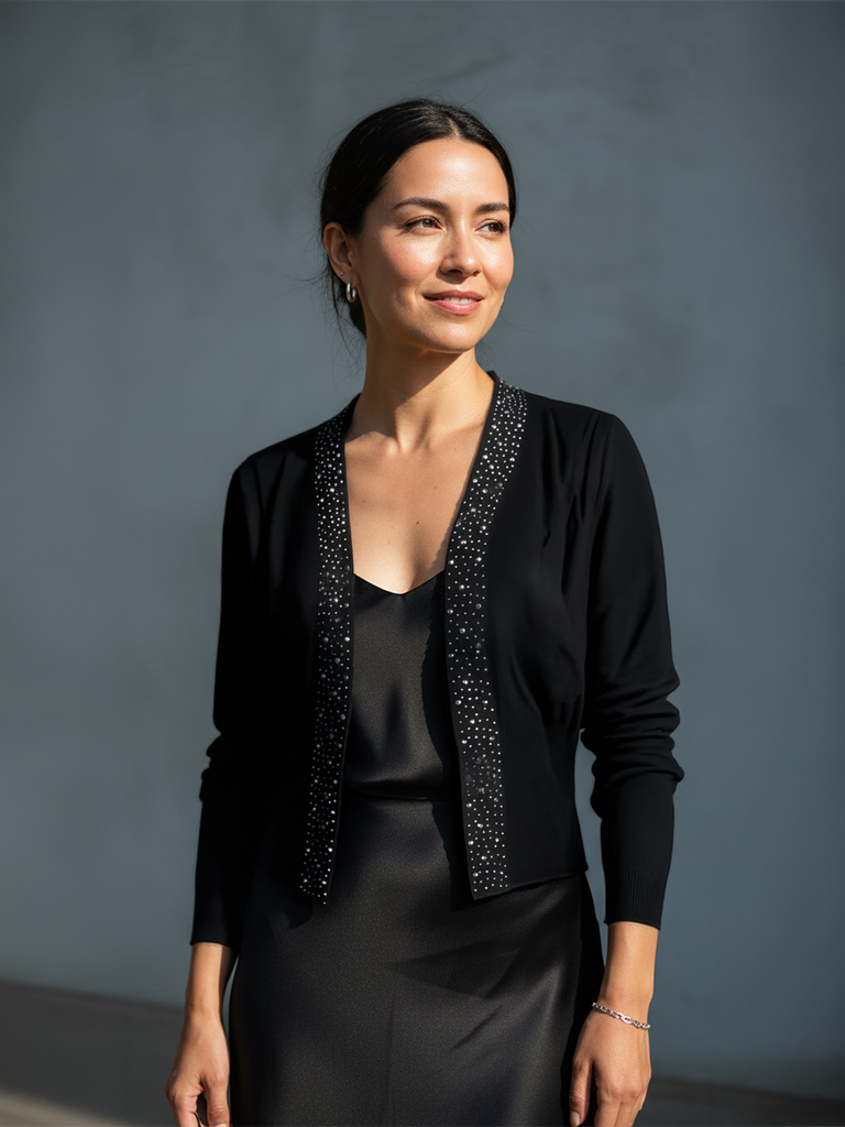 Embellished Open-Front Knit Cardigan