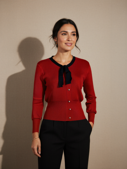 Bow Tie Knit Cardigan with Pearl Buttons