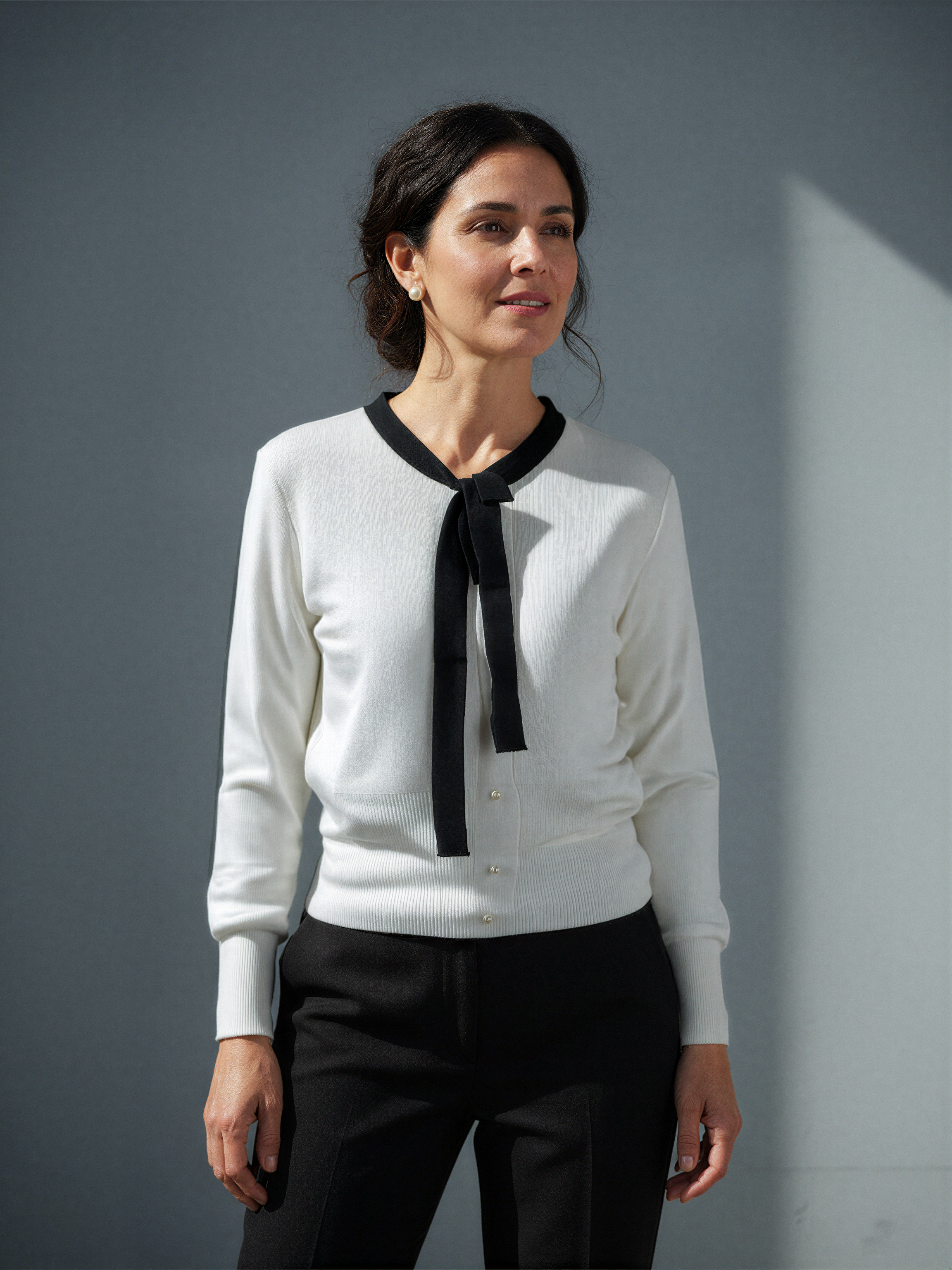 Bow Tie Knit Cardigan with Pearl Buttons