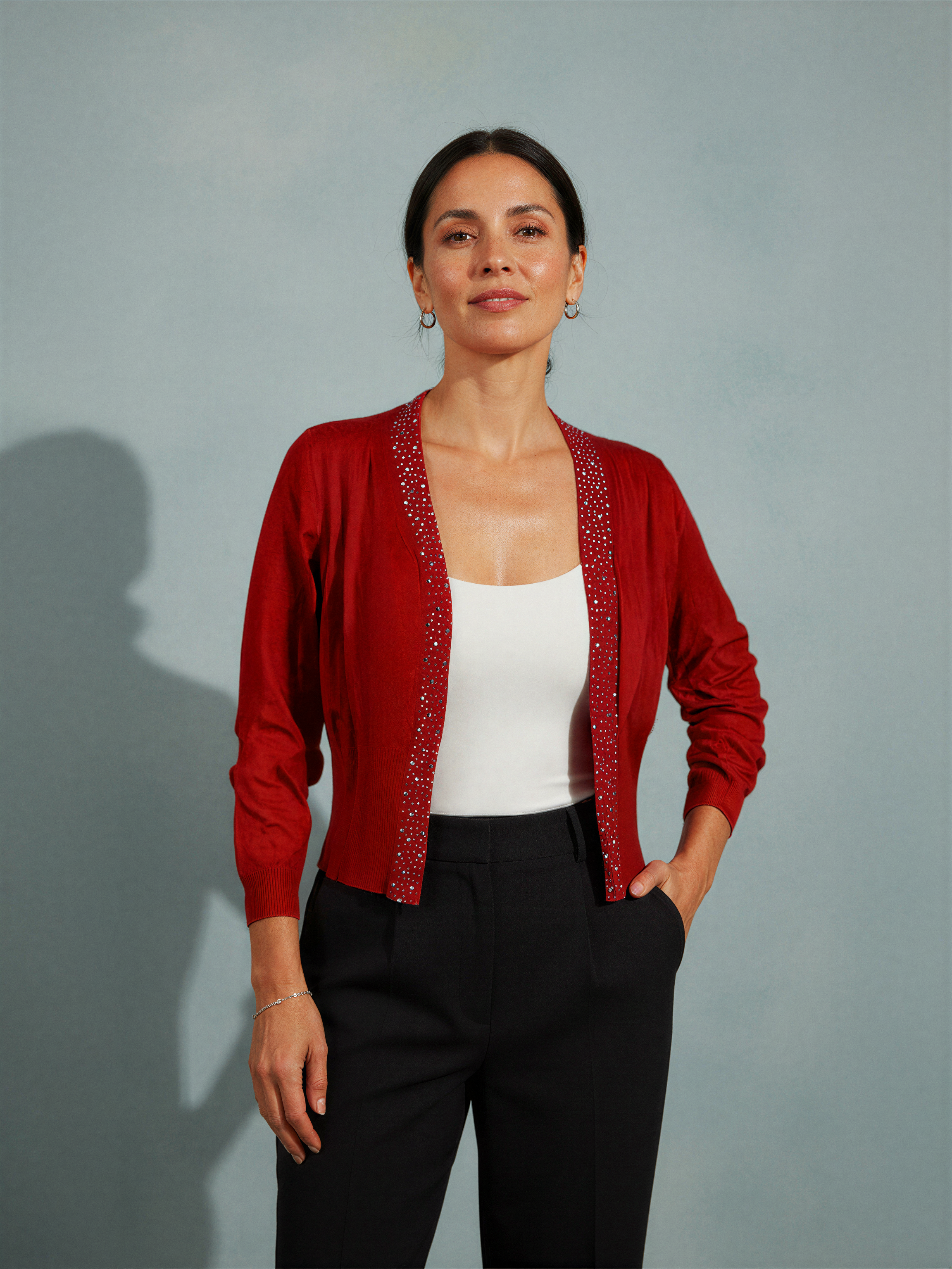 Embellished Open-Front Knit Cardigan