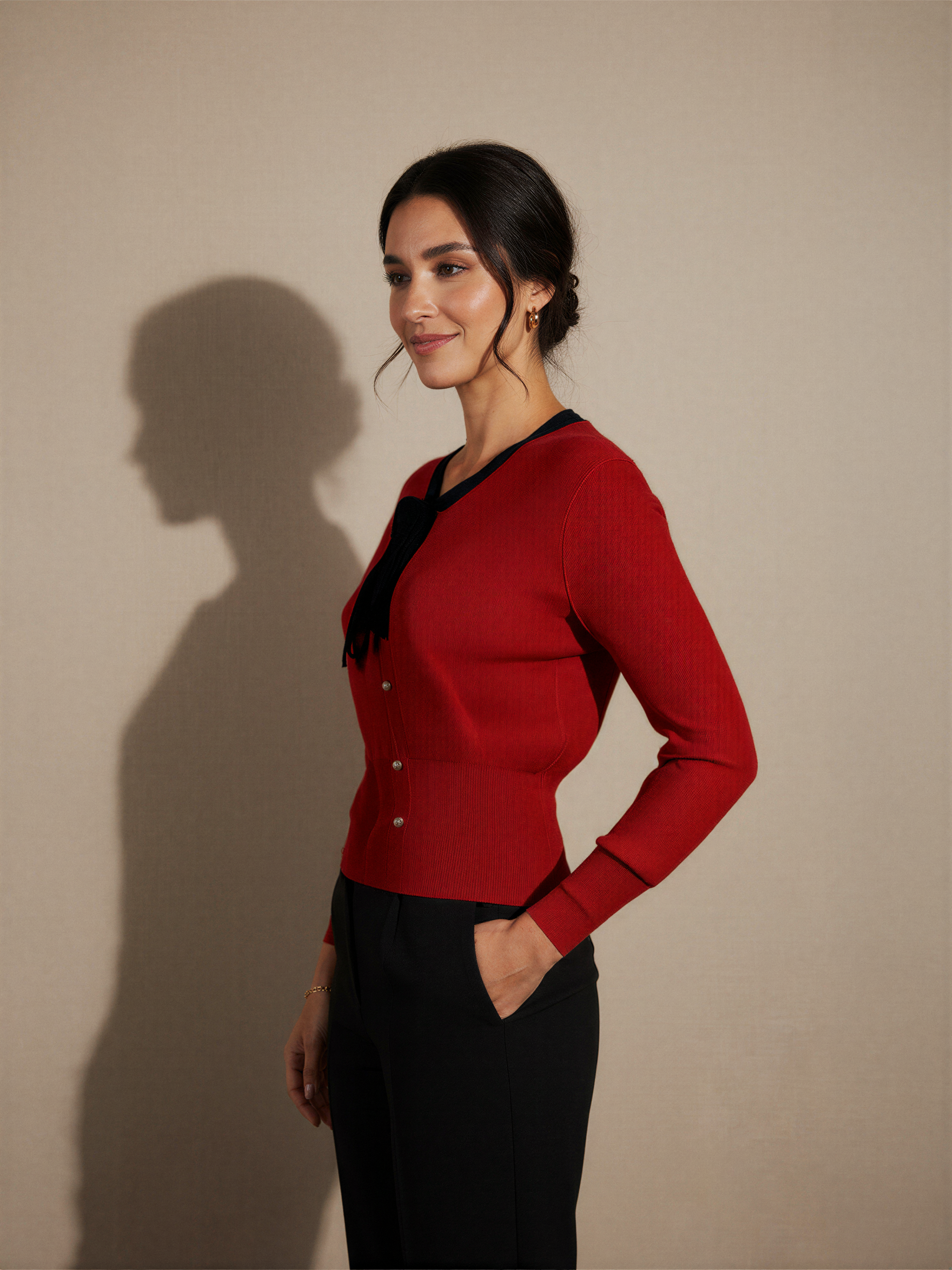 Bow Tie Knit Cardigan with Pearl Buttons